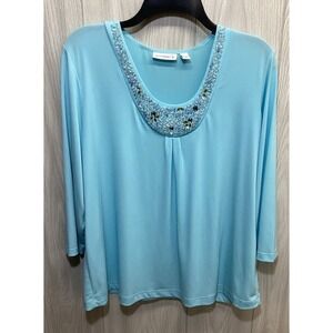SUSAN GARVER Women's (Size L) Long Sleeve Scoop Neck Shirt Stretch Beaded Accent